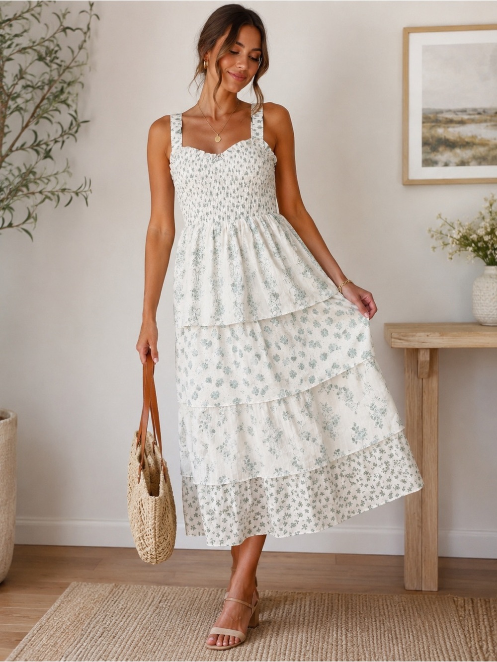 Crystal Doll Cottagecore Flowy Smocked Tiered Floral Midi Dress - Cream Green. L